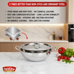 DesiDine Triply Stainless Steel Kadhai With Lid