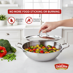 DesiDine Triply Stainless Steel Kadhai With Lid