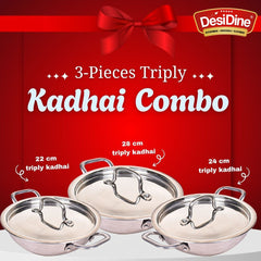 DesiDine Triply Stainless Steel 3 pcs Kadhai Combo (22 cm, 24 cm, 28 cm)