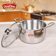 DesiDine Premium Quality Hammered Triply Steel Biryani/Sauce Pot With Glass Lid