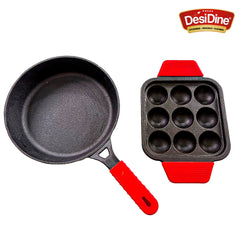 DesiDine 2 Pcs Cast Iron Combo (24 cm Frypan+ 9 Pit Paniyaram) With Silicon Handle Grip