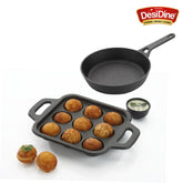 DesiDine 2 Pcs Cast Iron Combo (24 cm Frypan+ 9 Pit Paniyaram) With Silicon Handle Grip