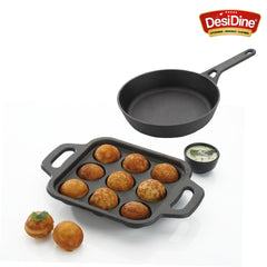 DesiDine 2 Pcs Cast Iron Combo (24 cm Frypan+ 9 Pit Paniyaram) With Silicon Handle Grip
