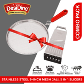 DesiDine Multi-Purpose Combo, Stainless Steel 9-inch Mesh Jali, 5 in 1 Slicers/Grater Set of 2 pc