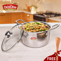 DesiDine Premium Quality Hammered Triply Steel Biryani/Sauce Pot With Glass Lid