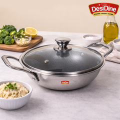 DesiDine Triply Stainless Steel Honeycomb Kadai with Glass Lid