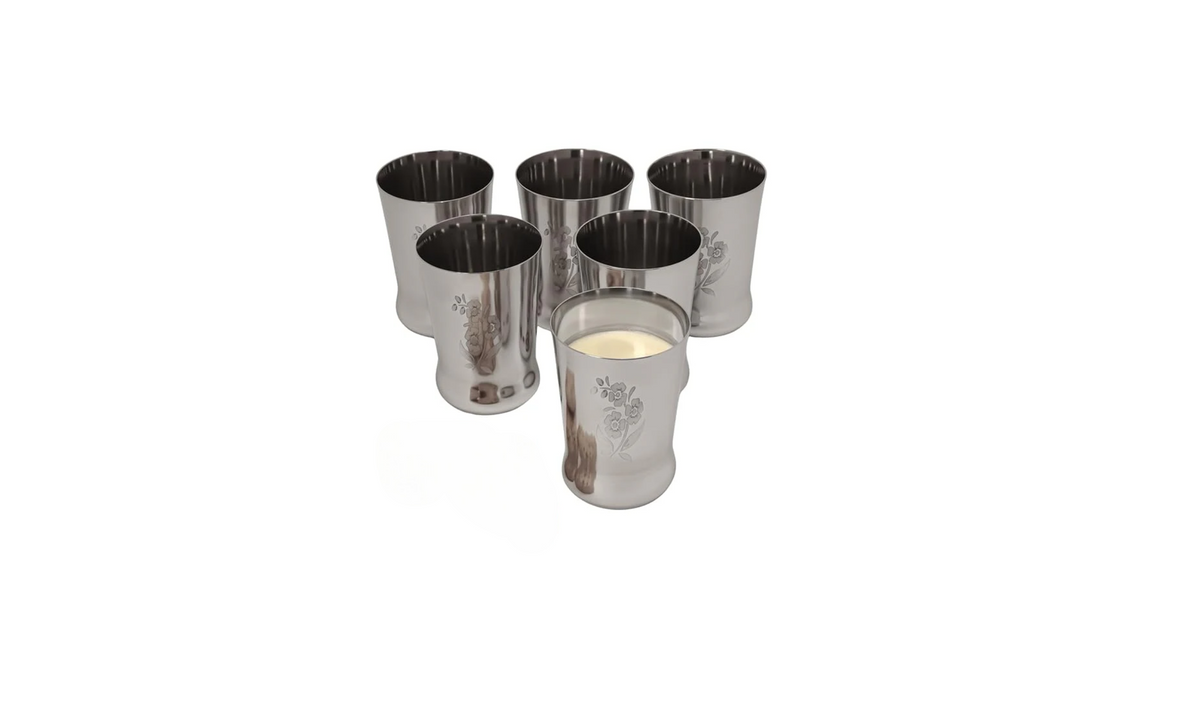 DesiDine Silver Tone Stainless Steel Water/Juice Glasses (Set) with Etched Flowers