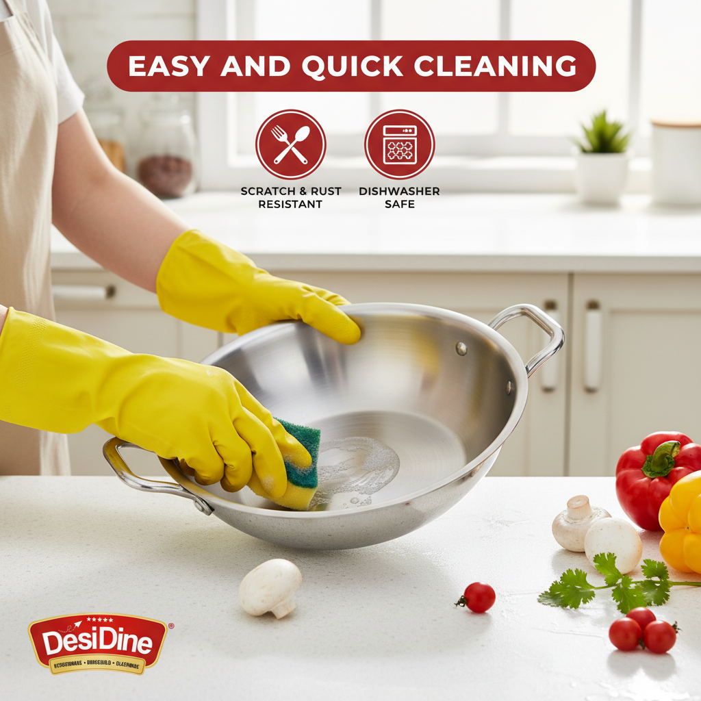 DesiDine Triply Stainless Steel Kadhai With Lid