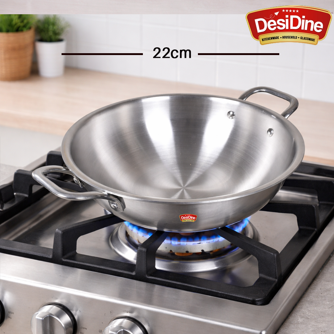DesiDine Triply Stainless Steel Kadhai With Lid