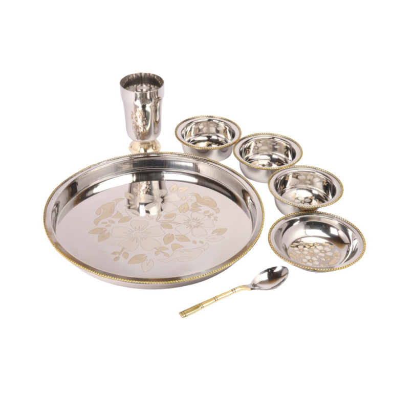 Desidine Stainless Steel Two-Tone Floral Thali Set 7 Piece Set