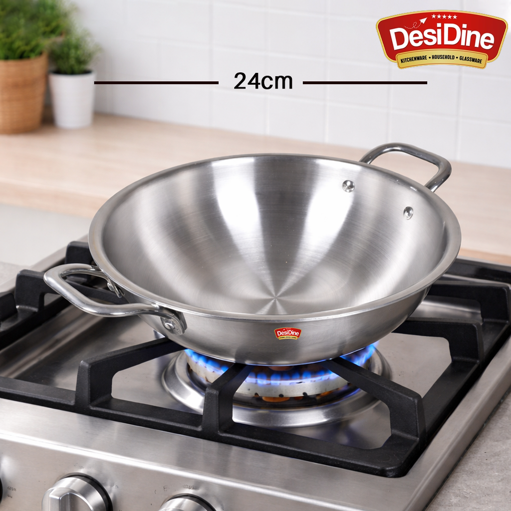 DesiDine Triply Stainless Steel Kadhai With Lid