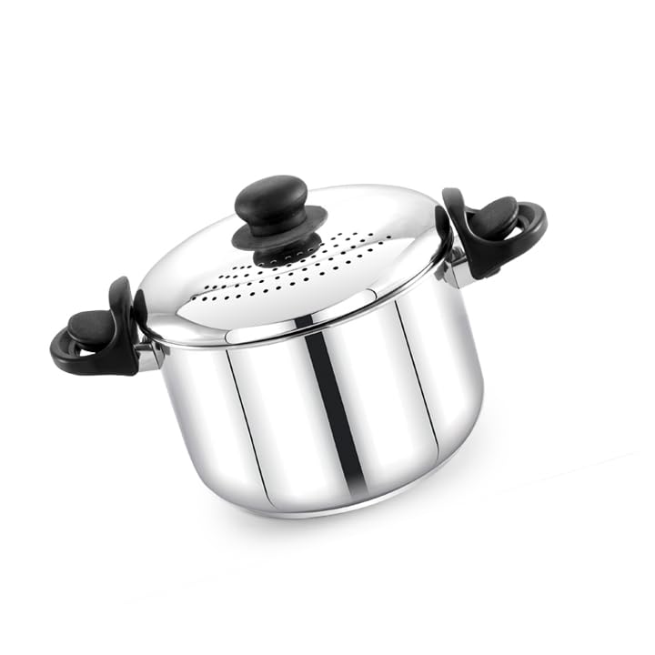 DesiDIne Stainless Steel Rice Pot with Strainer Lid & Lockable Bakelite Handles/Induction & Gas Compatible