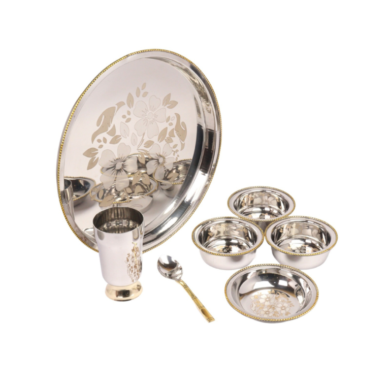 Desidine Stainless Steel Two-Tone Floral Thali Set 7 Piece Set