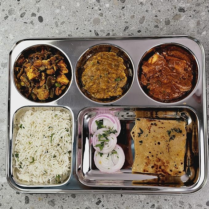 DesiDine Stainless Steel Plates with 5 In1 Compartments Bhojan Thalis