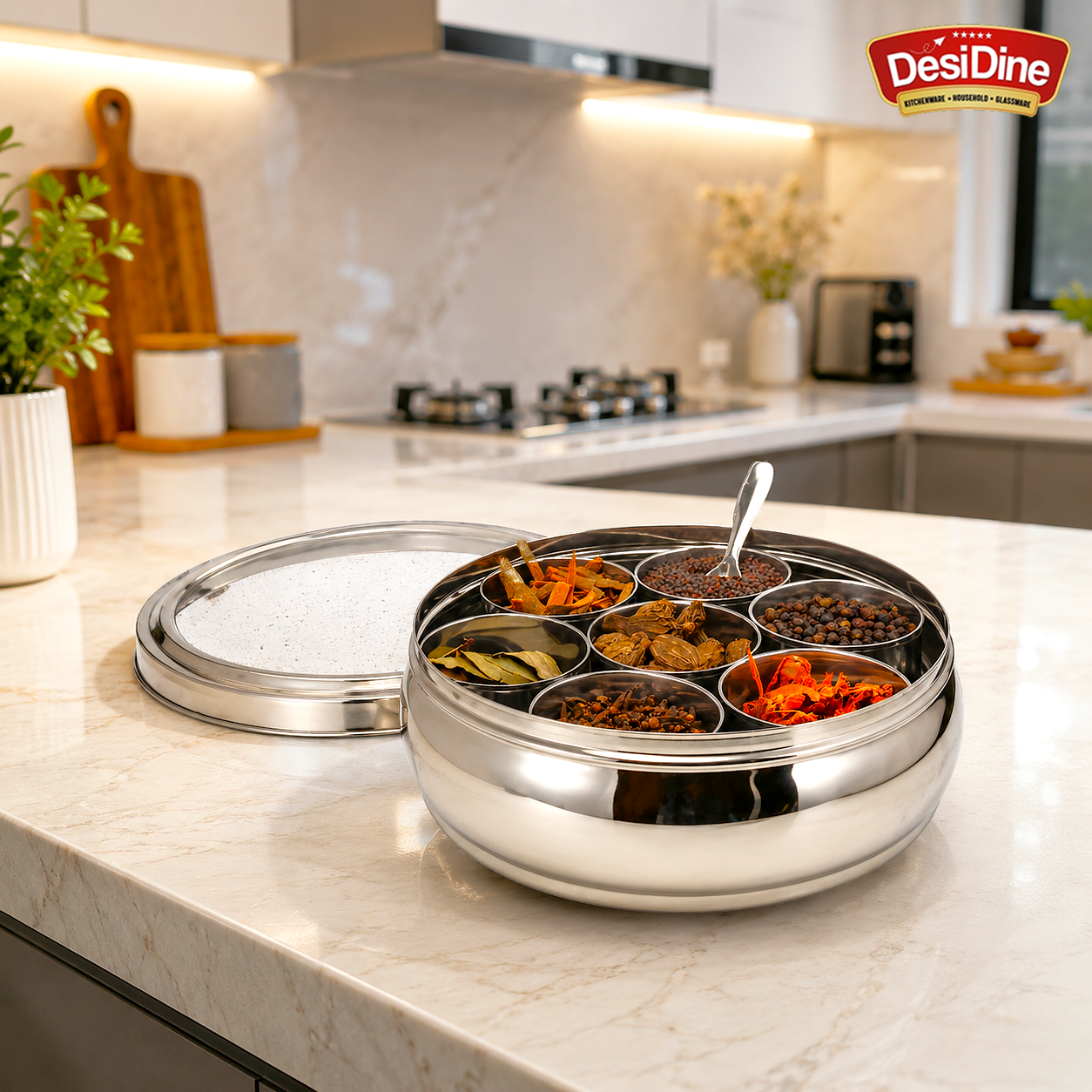 Desidine Stainless Steel Belly Shape Masala Box with Lid