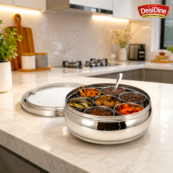 Desidine Stainless Steel Belly Shape Masala Box with Lid