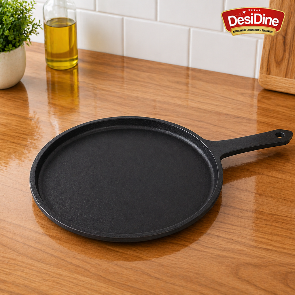 DesDine Pre-Seasoned Cast Iron Flat Roti/Chapati Tawa, 25 cm, Induction Friendly