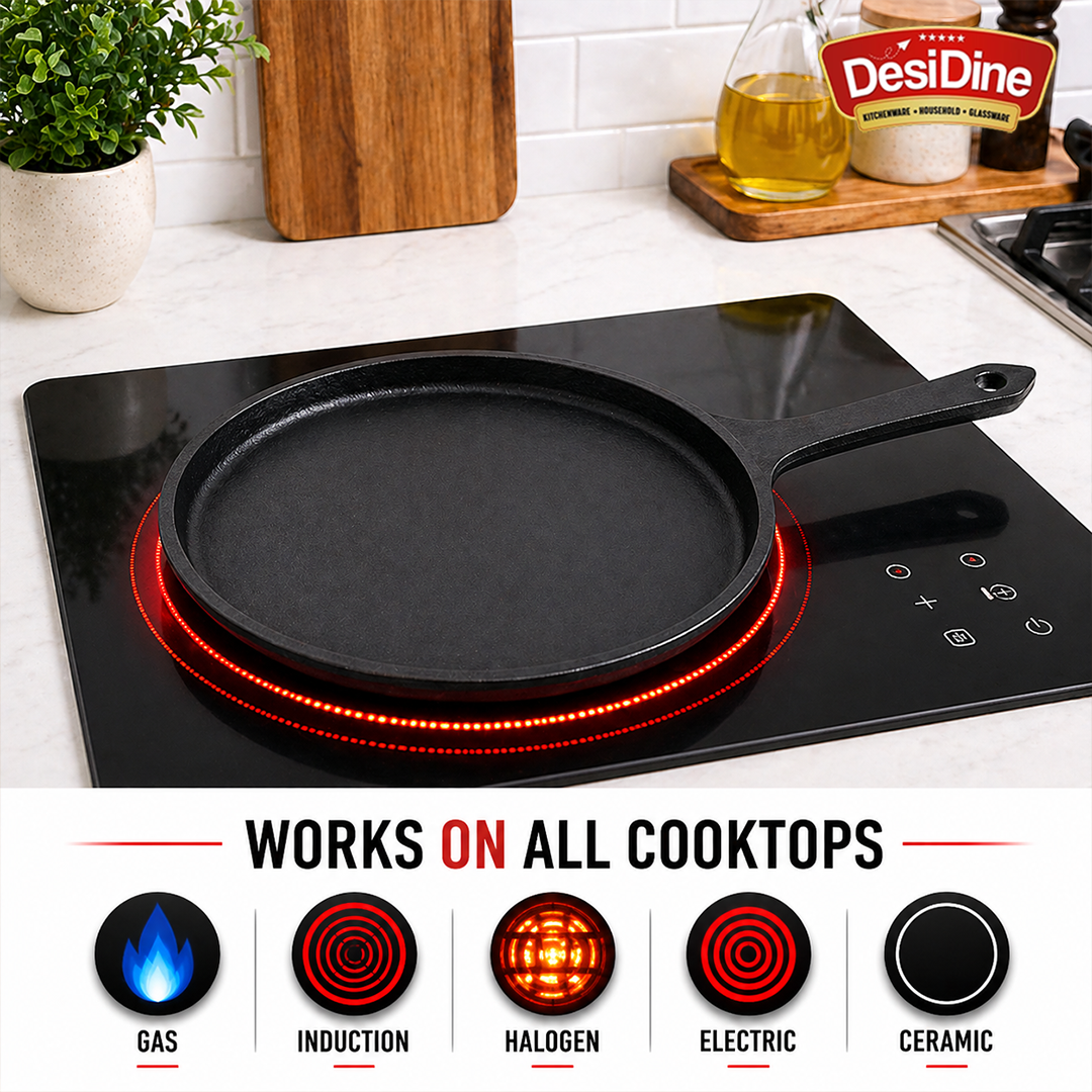 DesDine Pre-Seasoned Cast Iron Flat Roti/Chapati Tawa, 25 cm, Induction Friendly
