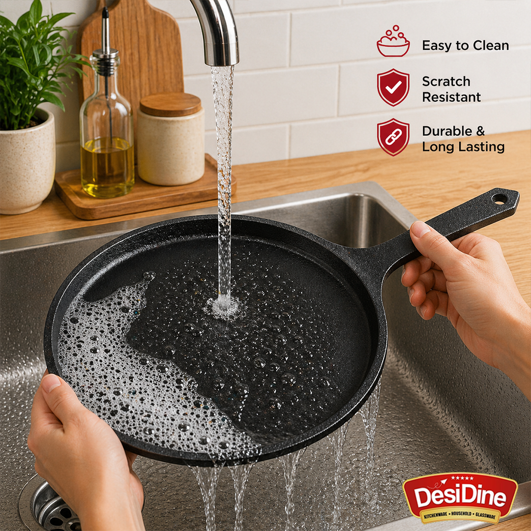 DesDine Pre-Seasoned Cast Iron Flat Roti/Chapati Tawa, 25 cm, Induction Friendly