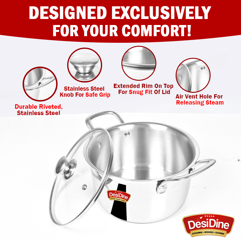 DesiDine Stainless Steel Triply Sauce Pot/ Biryani Pot With Glass lid