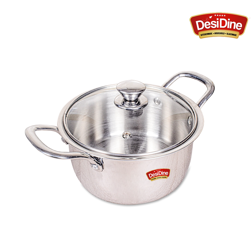 DesiDine Stainless Steel Triply Sauce Pot/ Biryani Pot With Glass lid