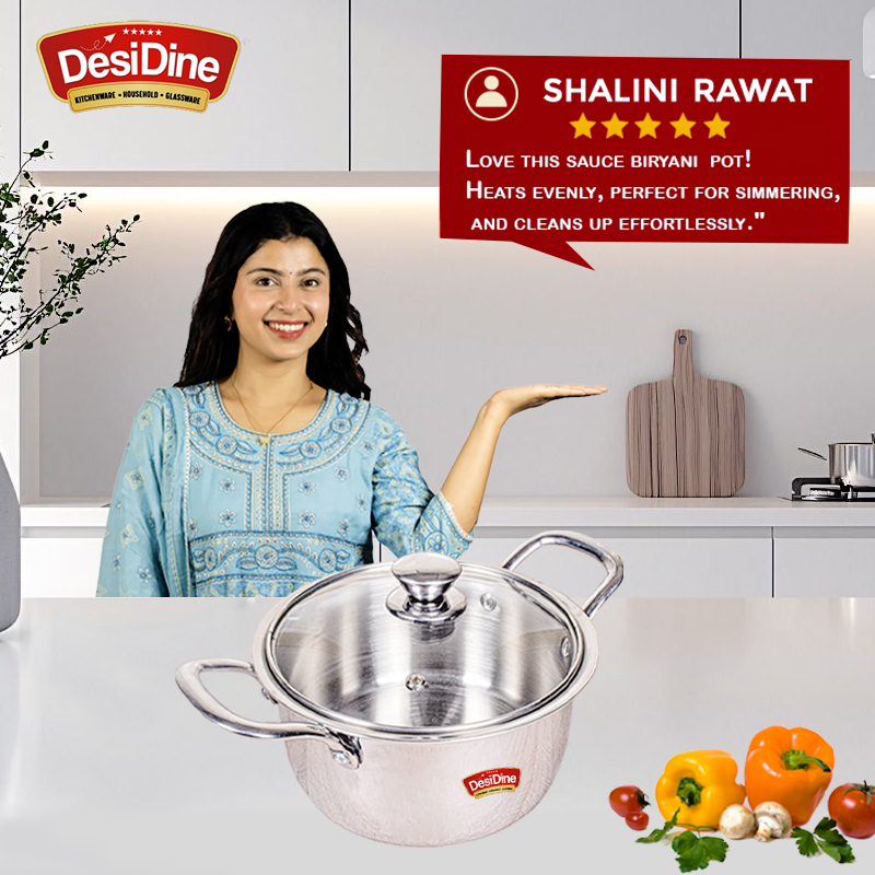DesiDine Stainless Steel Triply Sauce Pot/ Biryani Pot With Glass lid