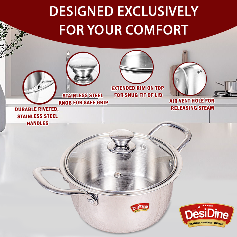 DesiDine Stainless Steel Triply Sauce Pot/ Biryani Pot With Glass lid