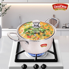 DesiDine Stainless Steel Triply Sauce Pot/ Biryani Pot With Glass lid