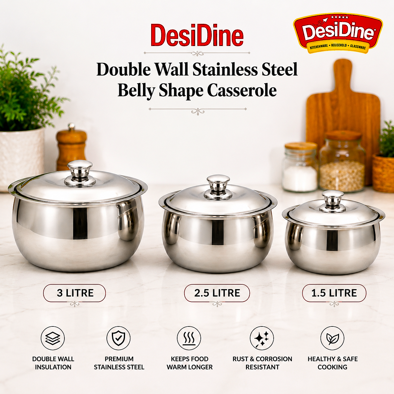 DesiDine Double Wall Stainless Steel Belly Shape Casserole, Insulated Thermal Serving Bowl
