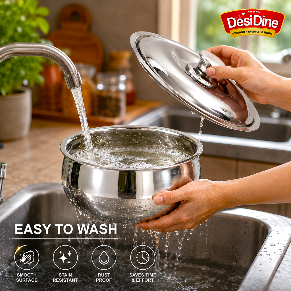 DesiDine Double Wall Stainless Steel Belly Shape Casserole, Insulated Thermal Serving Bowl
