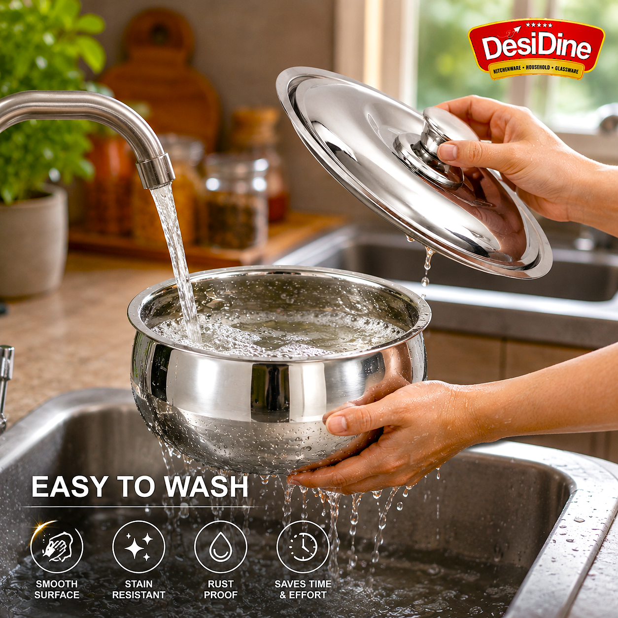 DesiDine Double Wall Stainless Steel Belly Shape Casserole, Insulated Thermal Serving Bowl