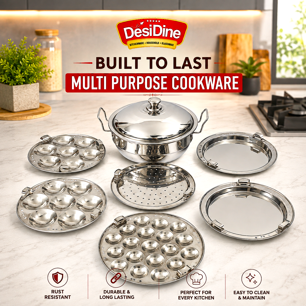 Stainless Steel Induction Base Multi Kadhai 5 Litre (28 cm, 6 Plates, 2 Idli, 2 Dhokla, 1 Mini Idli, 1 Patra) – Heavy Duty