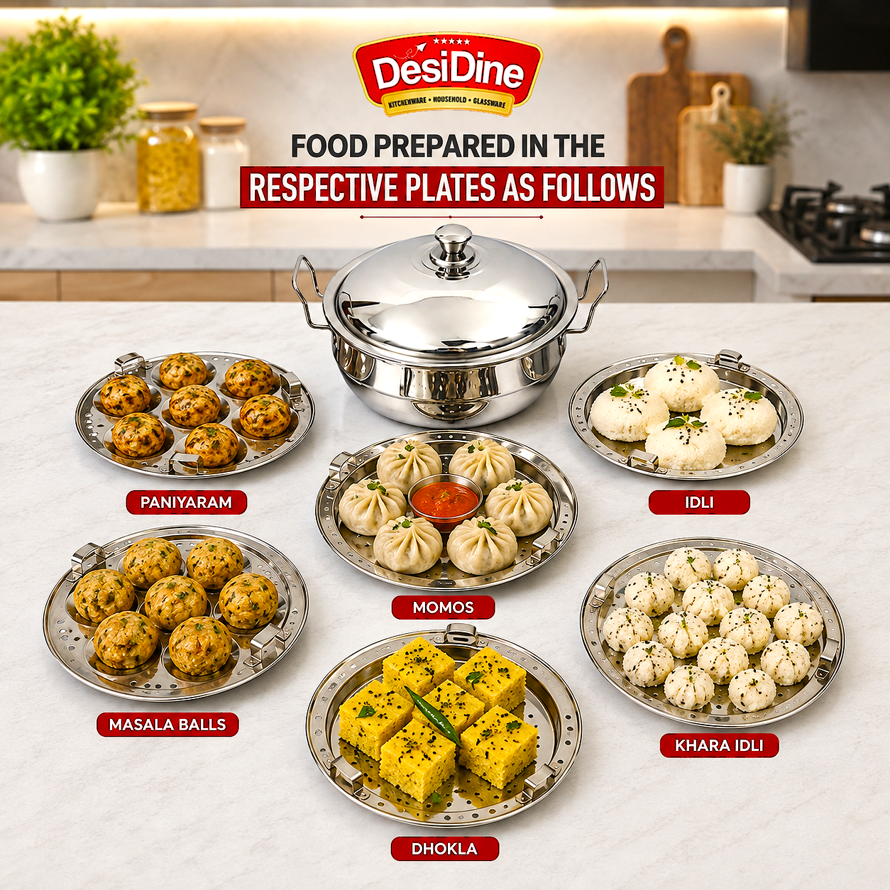 Stainless Steel Induction Base Multi Kadhai 5 Litre (28 cm, 6 Plates, 2 Idli, 2 Dhokla, 1 Mini Idli, 1 Patra) – Heavy Duty
