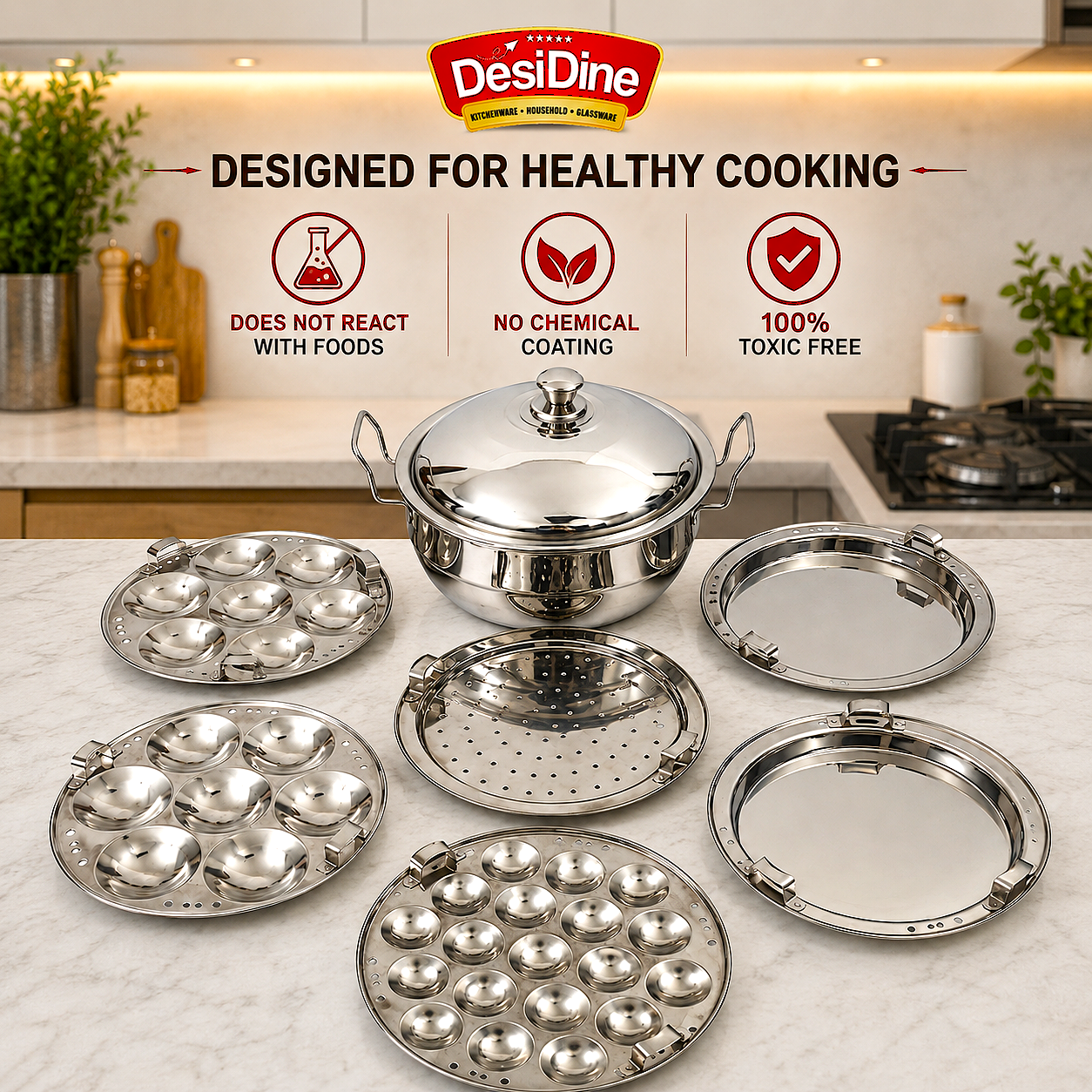 Stainless Steel Induction Base Multi Kadhai 5 Litre (28 cm, 6 Plates, 2 Idli, 2 Dhokla, 1 Mini Idli, 1 Patra) – Heavy Duty