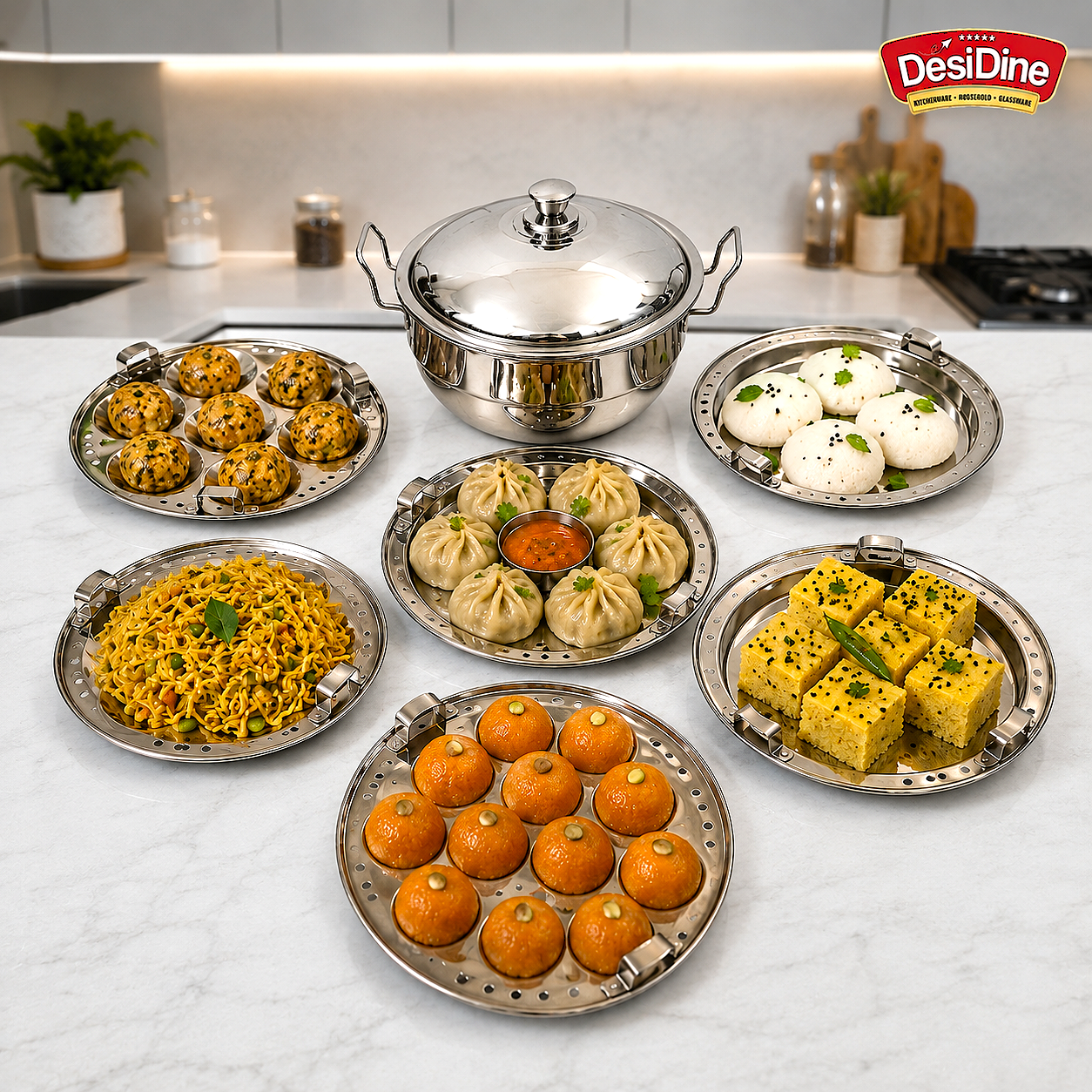 Stainless Steel Induction Base Multi Kadhai 5 Litre (28 cm, 6 Plates, 2 Idli, 2 Dhokla, 1 Mini Idli, 1 Patra) – Heavy Duty