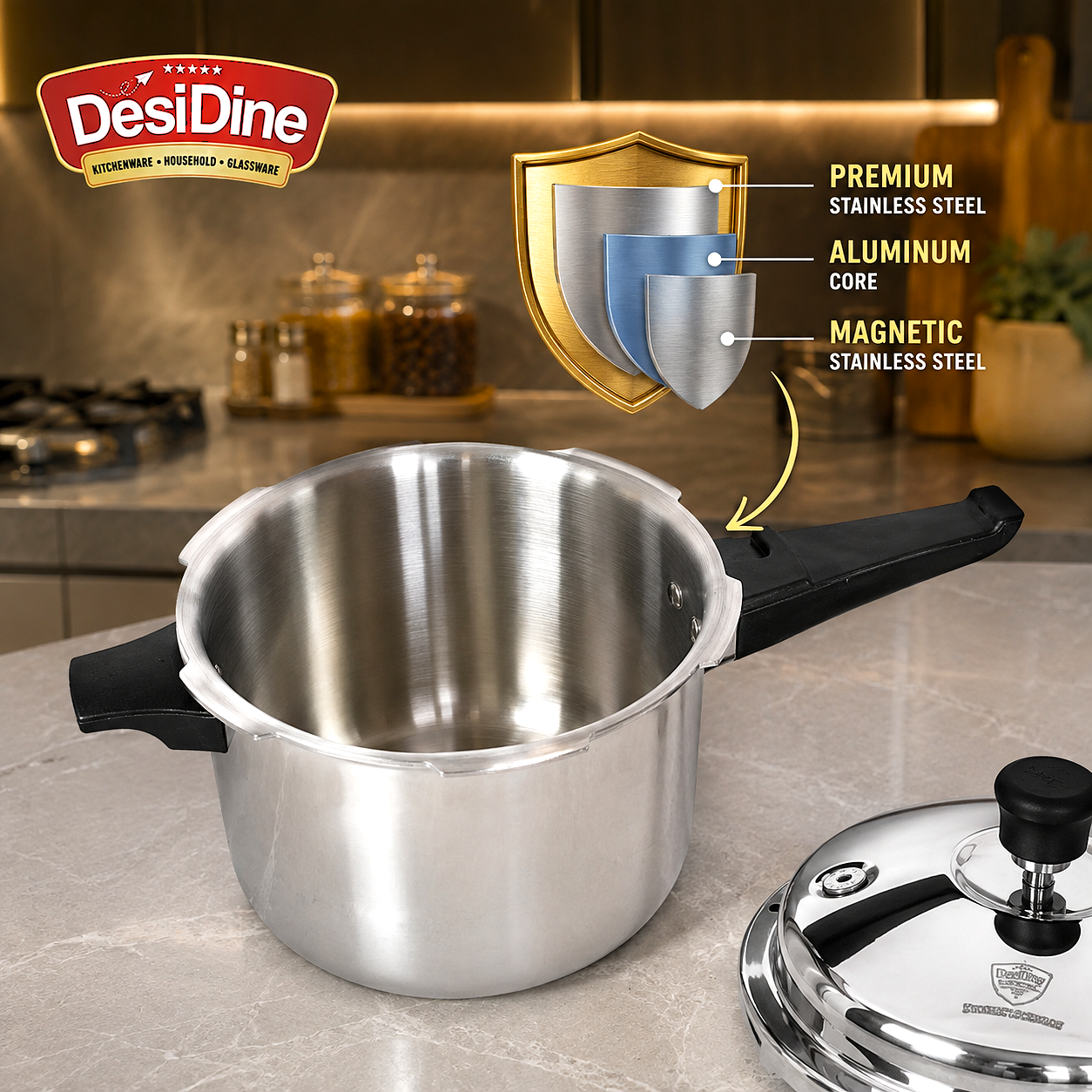 DesiDine Triply Stainless Steel Outer Lid Pressure Cooker