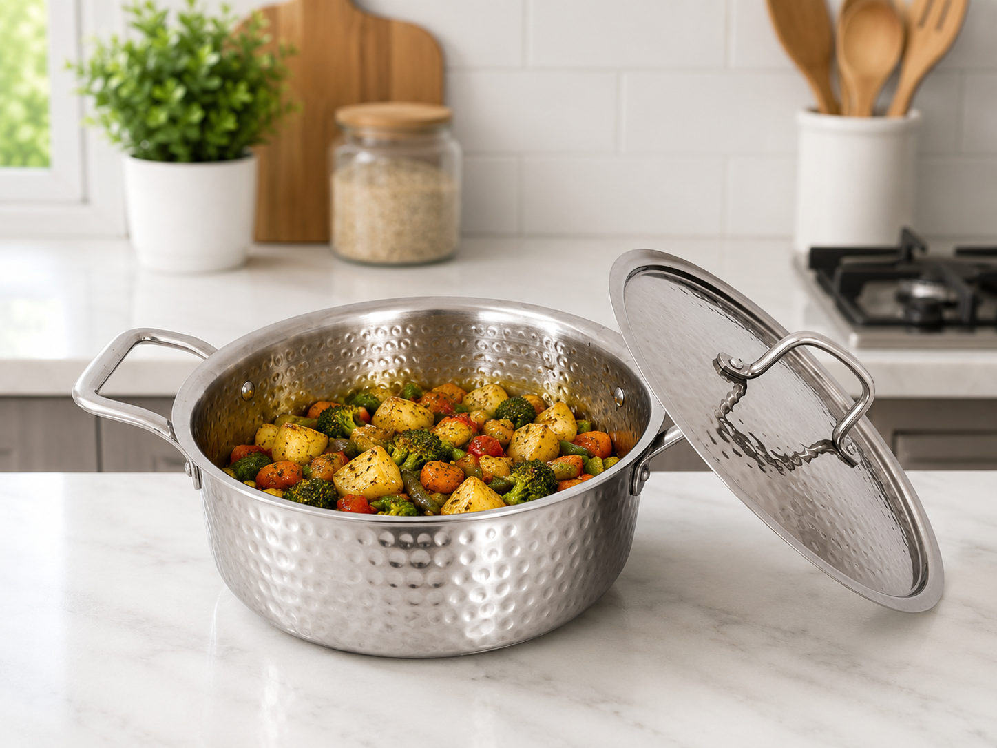 DesiDine Triply Hammered Steel Mini Sauce Pot/Mini Biryani Pot With Steel Lid