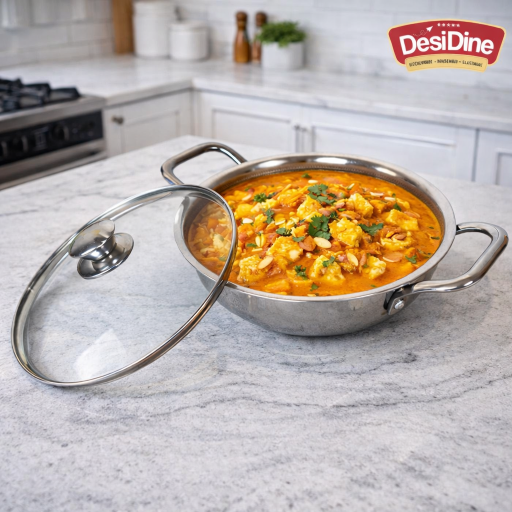 DesiDine Triply Stainless Steel Honeycomb Kadai with Glass Lid