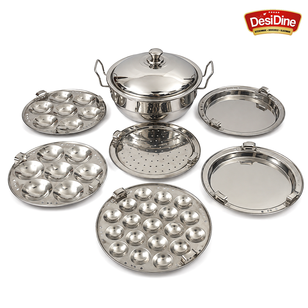 Stainless Steel Induction Base Multi Kadhai 5 Litre (28 cm, 6 Plates, 2 Idli, 2 Dhokla, 1 Mini Idli, 1 Patra) – Heavy Duty