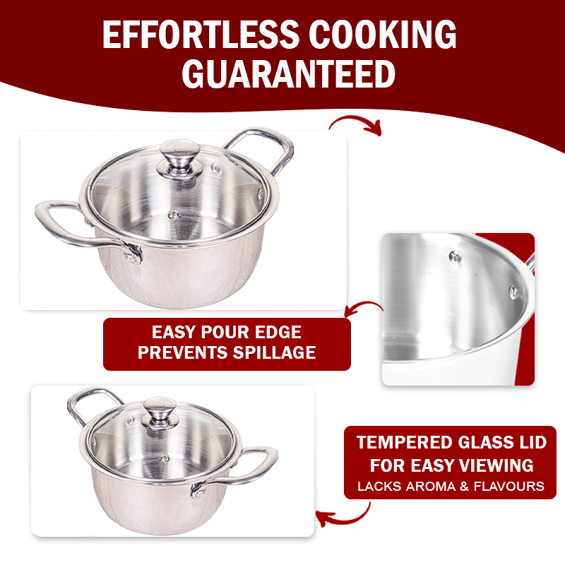 DesiDine Stainless Steel Triply Sauce Pot/ Biryani Pot With Glass lid