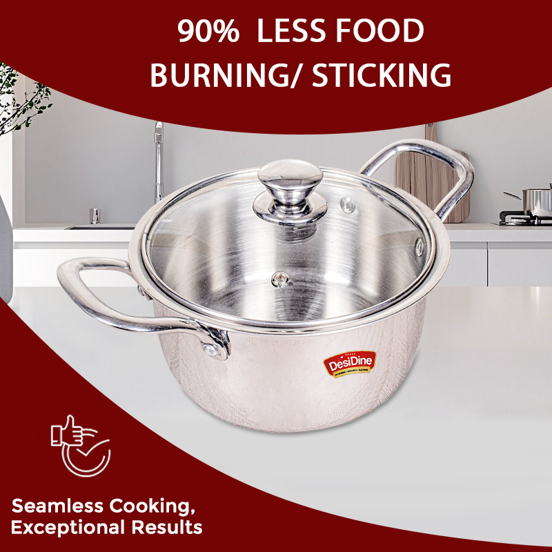 DesiDine Stainless Steel Triply Sauce Pot/ Biryani Pot With Glass lid