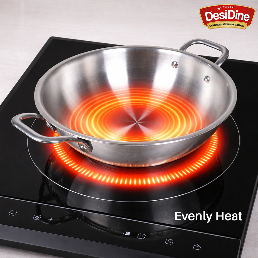 DesiDine Triply Stainless Steel Kadhai With Lid