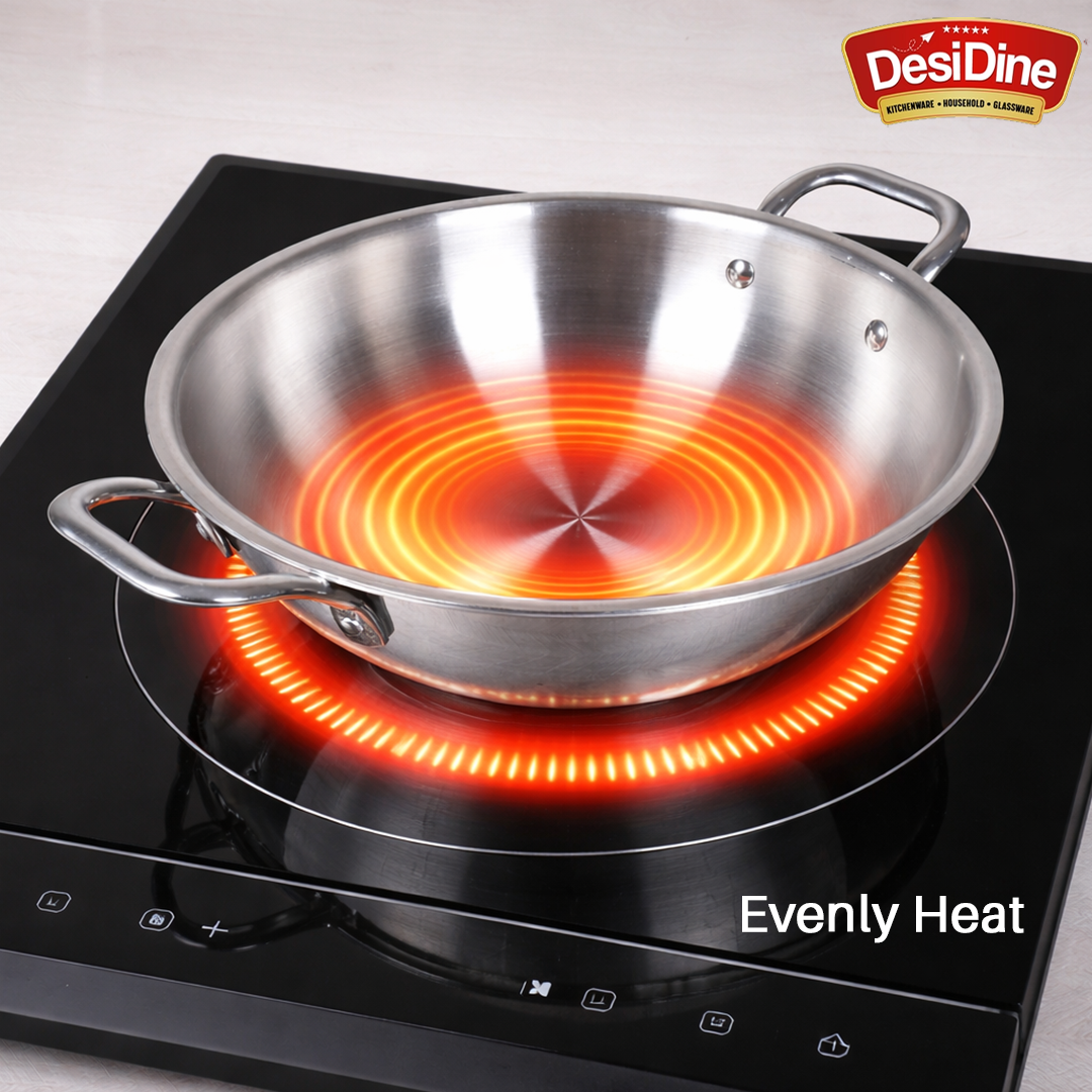 DesiDine Triply Stainless Steel Kadhai With Lid