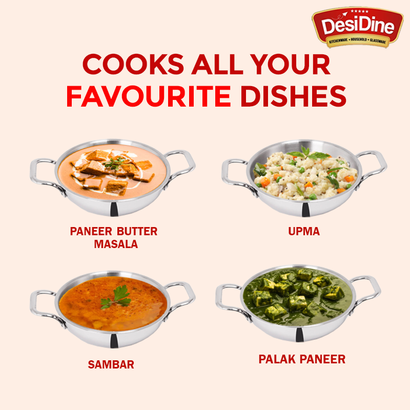 DesiDine Triply Stainless Steel Kadhai With Lid