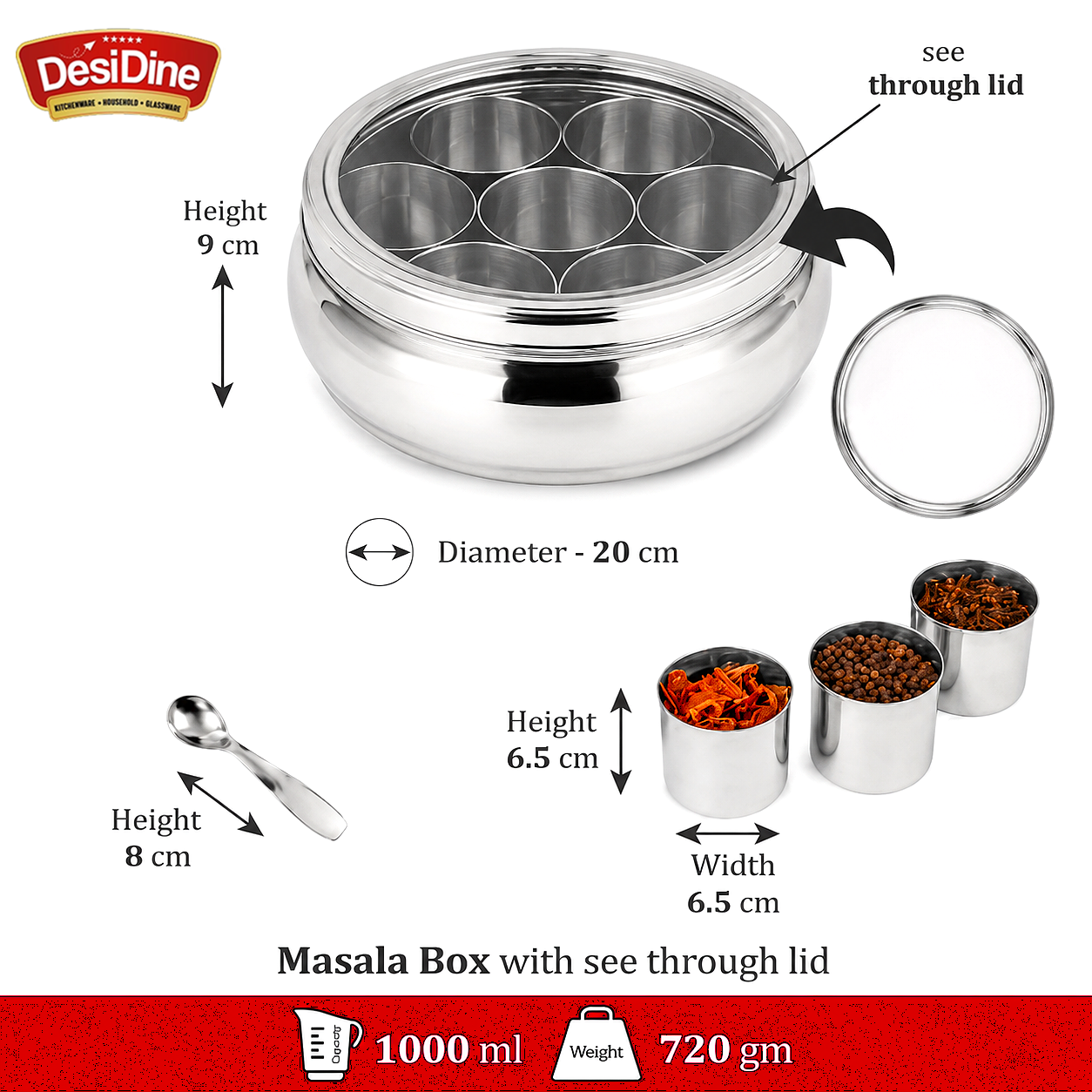 Desidine Stainless Steel Belly Shape Masala Box with Lid