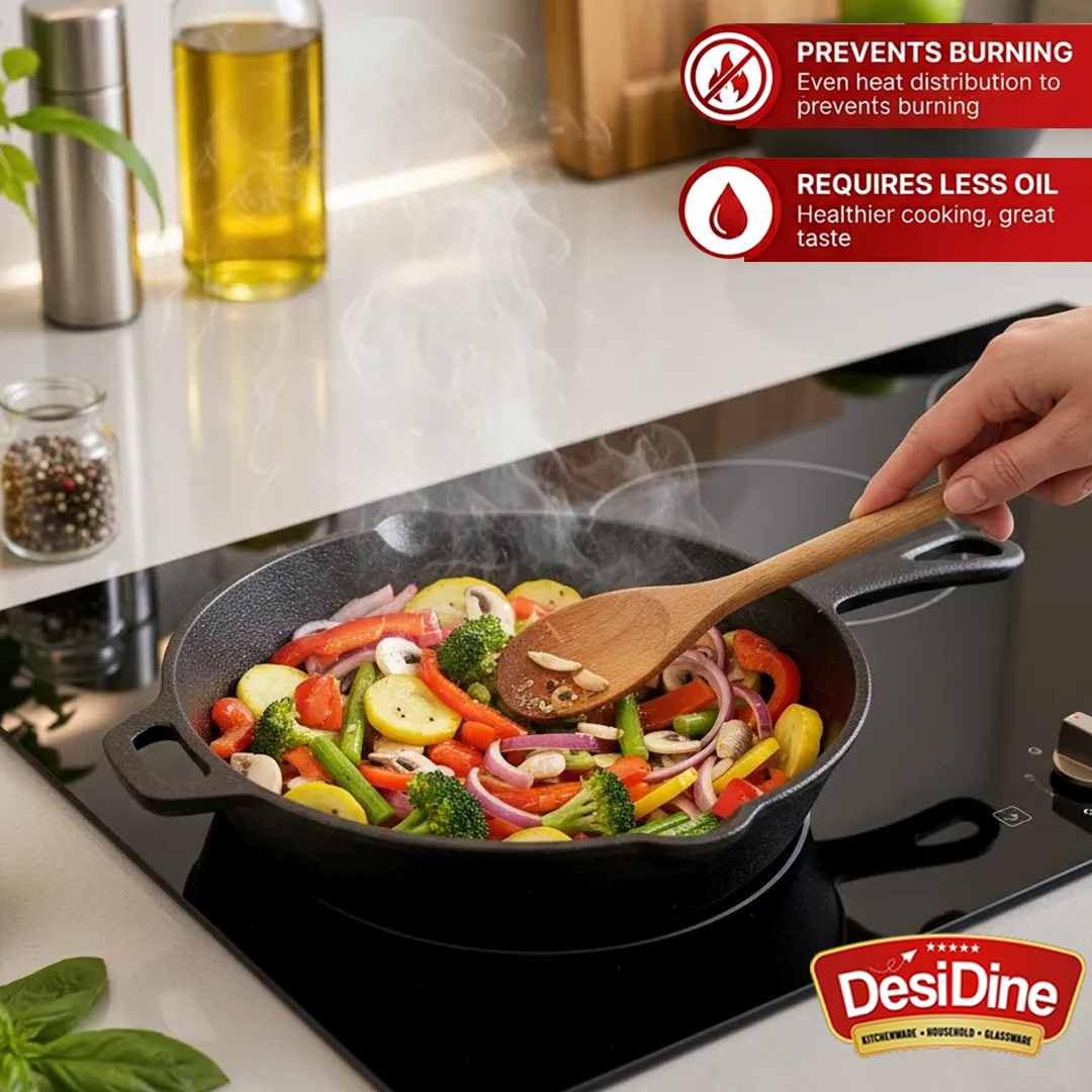 DesiDine Pre-Seasoned Cast Iron Frypan/Cast Iron Skillet, Gas and Induction Compatible 1.8 Litre, 26 cm