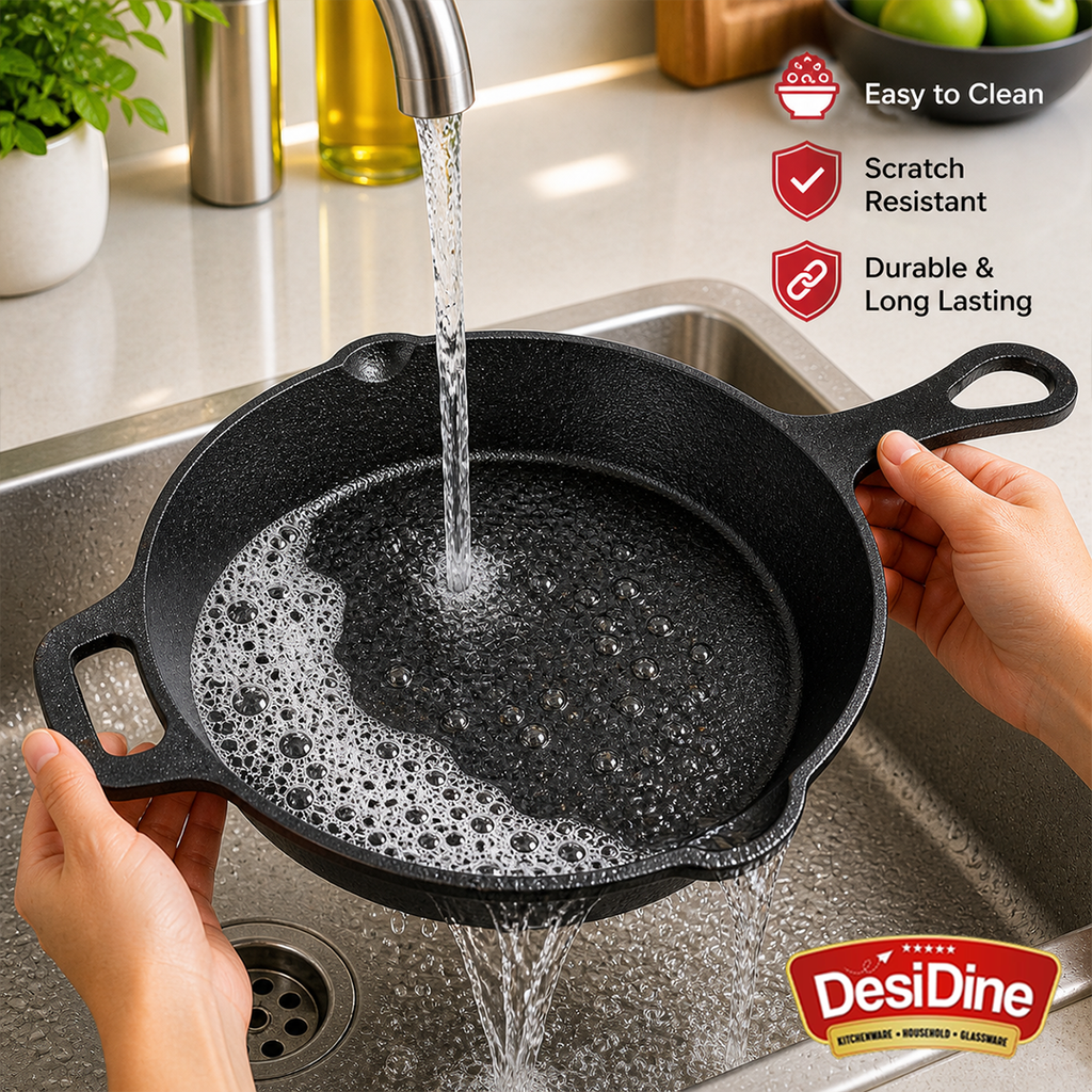 DesiDine Pre-Seasoned Cast Iron Frypan/Cast Iron Skillet, Gas and Induction Compatible 1.8 Litre, 26 cm