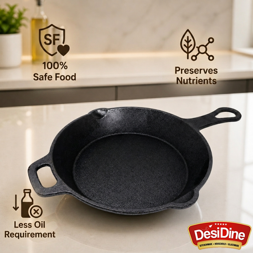 DesiDine Pre-Seasoned Cast Iron Frypan/Cast Iron Skillet, Gas and Induction Compatible 1.8 Litre, 26 cm