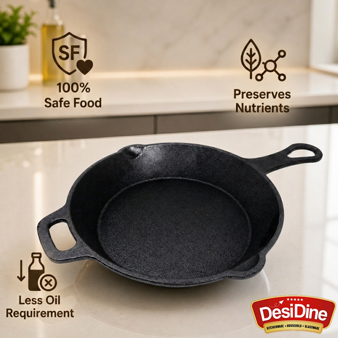 DesiDine Pre-Seasoned Cast Iron Frypan/Cast Iron Skillet, Gas and Induction Compatible 1.8 Litre, 26 cm