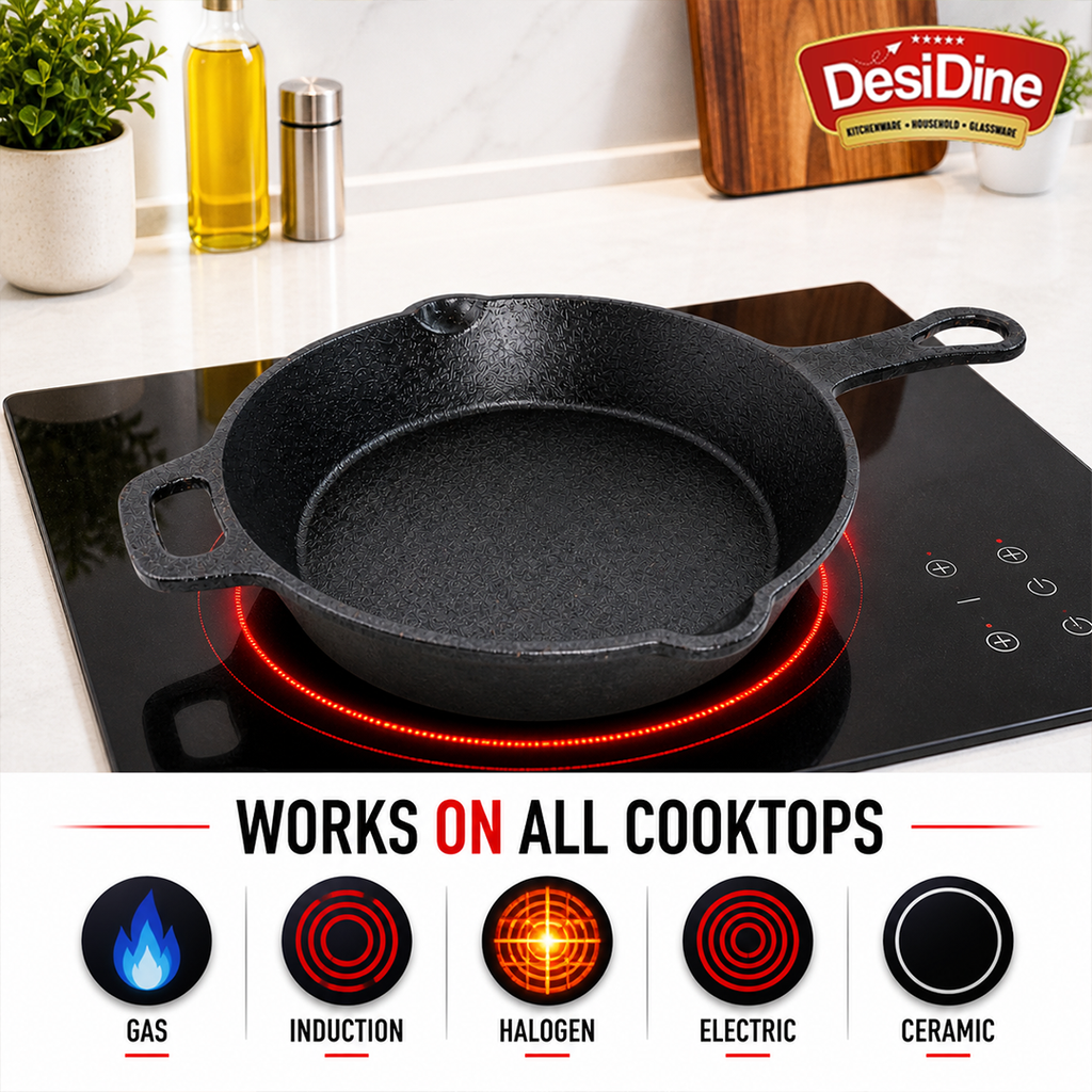 DesiDine Pre-Seasoned Cast Iron Frypan/Cast Iron Skillet, Gas and Induction Compatible 1.8 Litre, 26 cm